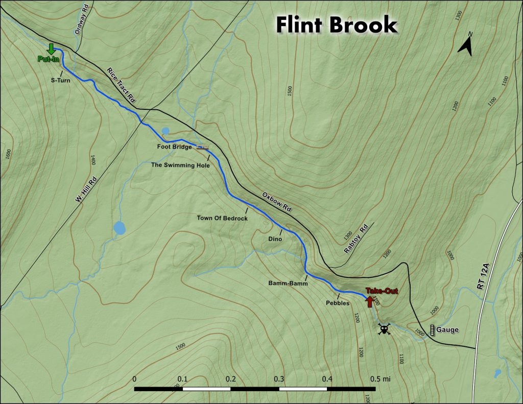 Map of rapids and waterfalls on Flint Brook Vermont Whitewater Kayaking