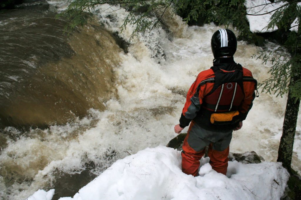 Ben Guttridge Scouts Aspen Falls on Devil's Washbowl Vermont Whitewater Kayaking