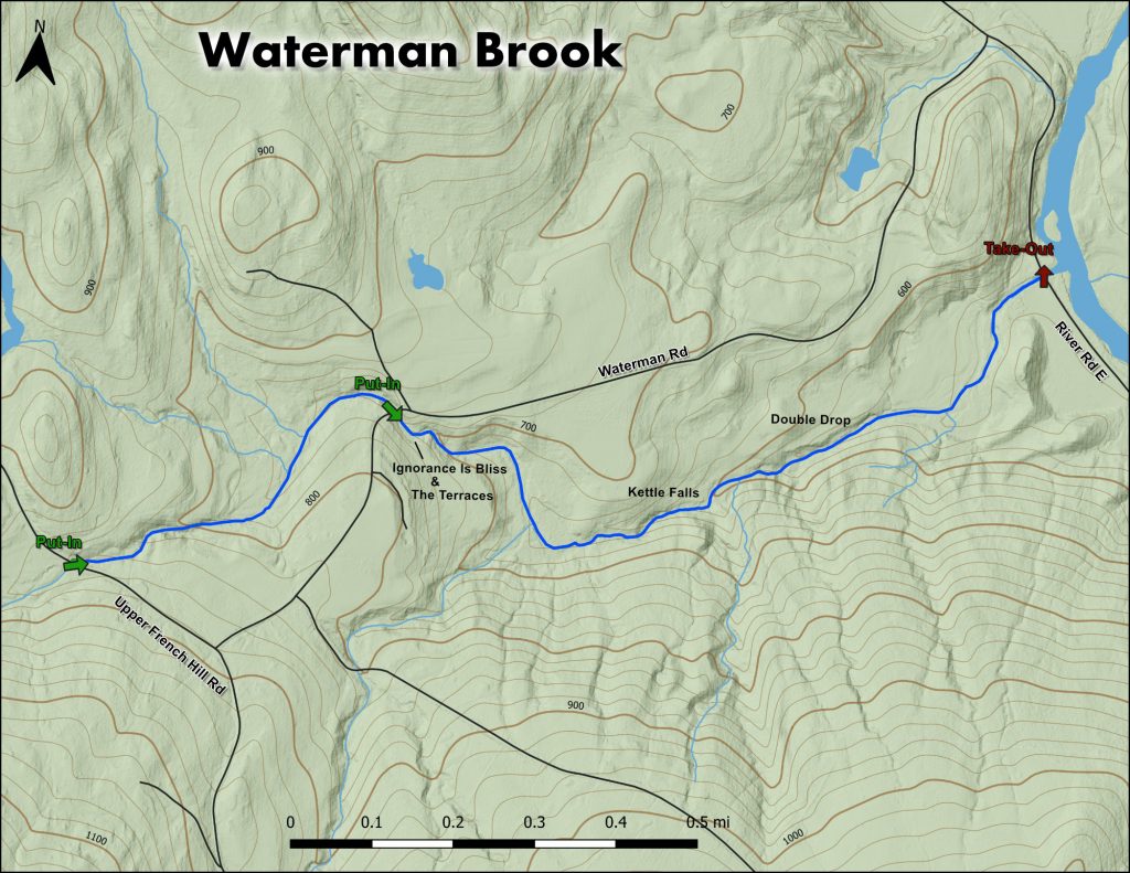 Map of falls and rapids on Waterman Brook Vermont Whitewater Kayaking