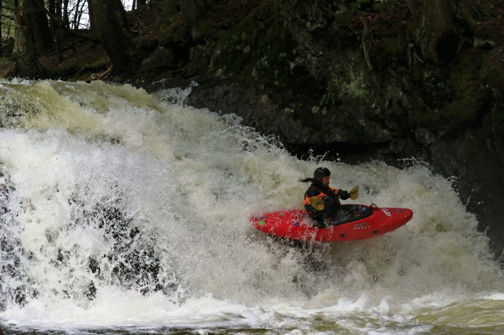 Eric Sorenson flys off Double Drop Waterman Brook Vermont Whitewater Kayaking