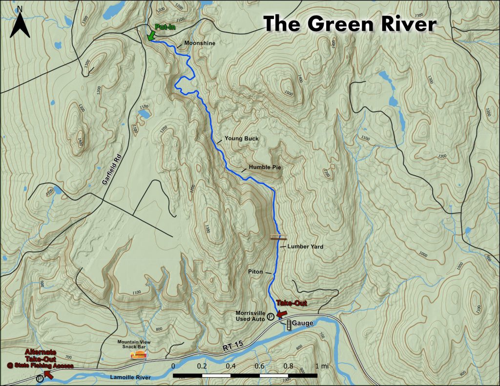 Map of falls and rapids on The Green River Vermont Whitewater Kayaking